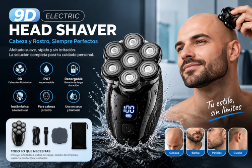 Afeitadora de Cabeza 9D para Hombre – Afeitado Suave, Inalámbrica e Impermeable.