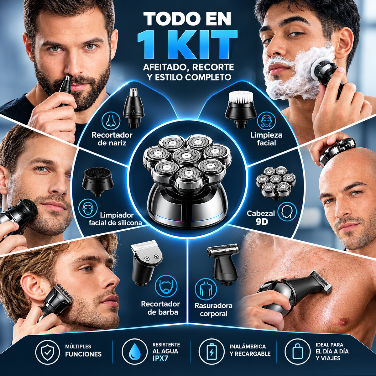 Afeitadora de Cabeza 9D para Hombre – Afeitado Suave, Inalámbrica e Impermeable.